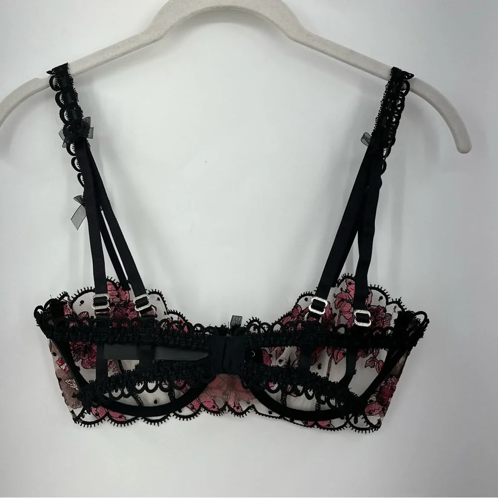 For Love And Lemons S Juliet Black Pink Floral Lace Bra small unlined